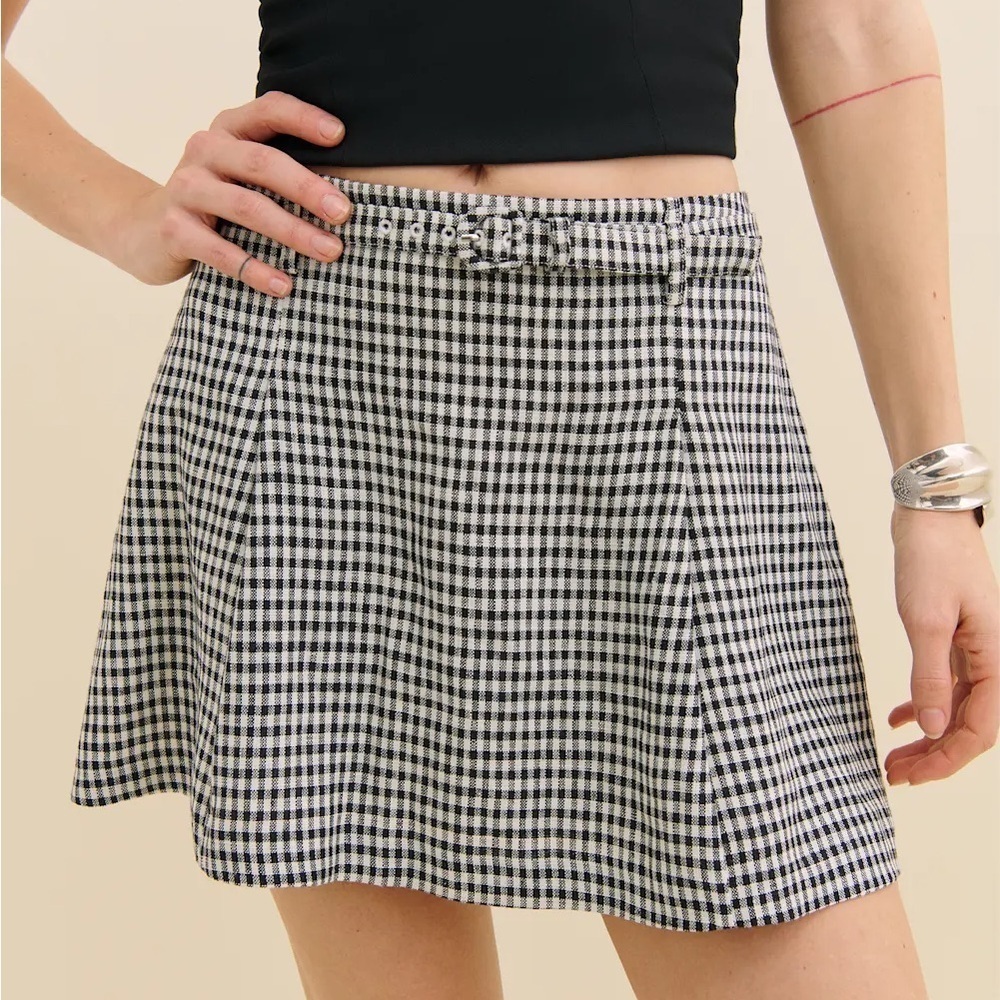 Reformation Rory Linen Belt Buckle A Line Mini Skirt Remy Check Gingham Plaid